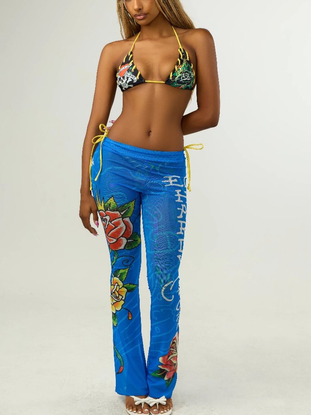 NWT Ed Hardy Women's Swim Siren Saphire Mesh Pants Cover Up Rose Tattoo Print